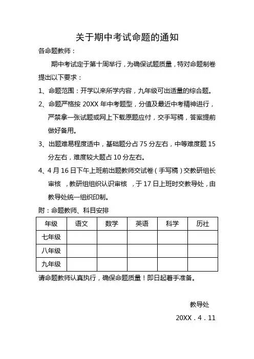 关于期中考试命题的通知