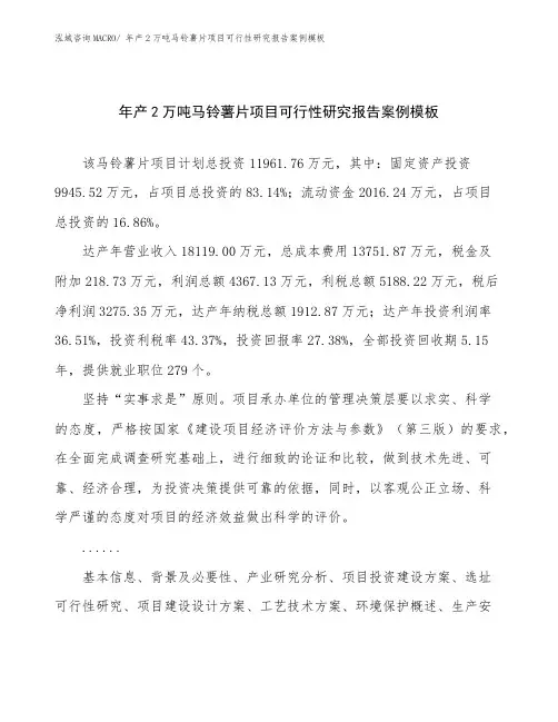 年产2万吨马铃薯片项目可行性研究报告案例模板