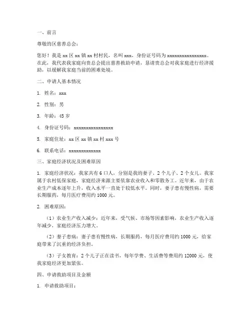区慈善总会救助申请报告