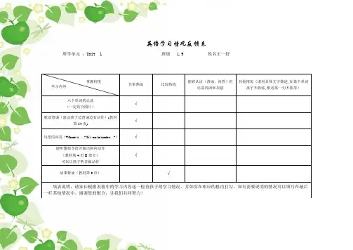 英语学习情况反馈表第一单元