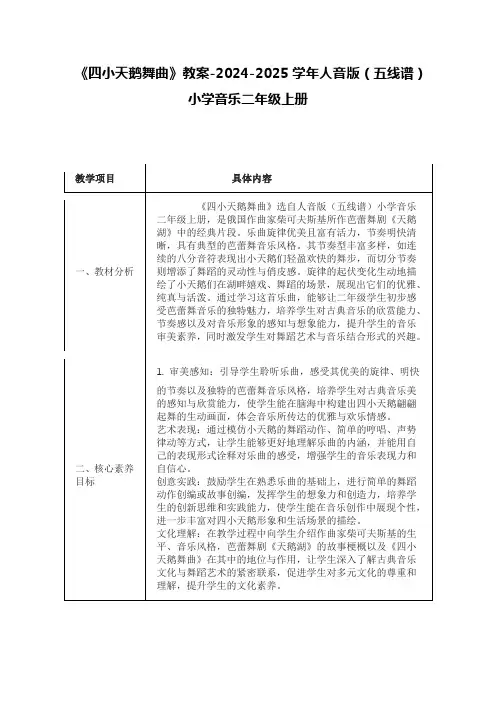 《四小天鹅舞曲》教案-2024-2025学年人音版(五线谱)小学音乐二年级上册
