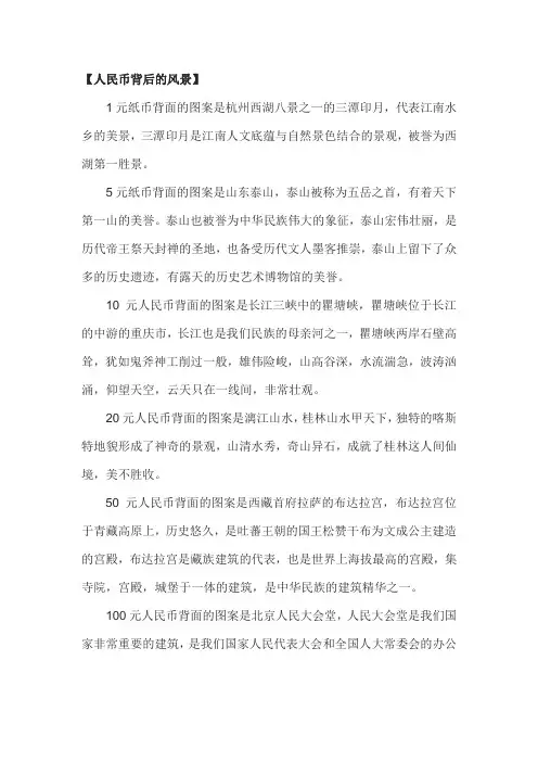 人民币背面的风景是哪些地方