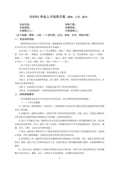 XXXXXX专业人才培养方案(黑体、三号、居中)