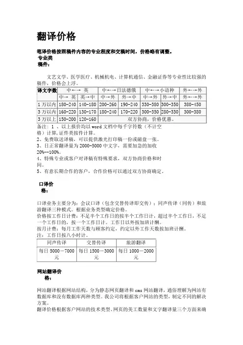 翻译价格