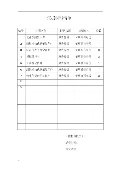 证据材料目录、证据清单范本