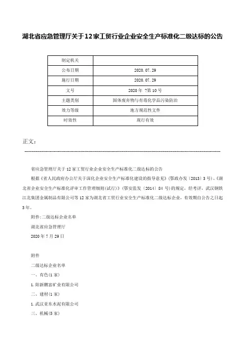 湖北省应急管理厅关于12家工贸行业企业安全生产标准化二级达标的公告-2020年 -第10号