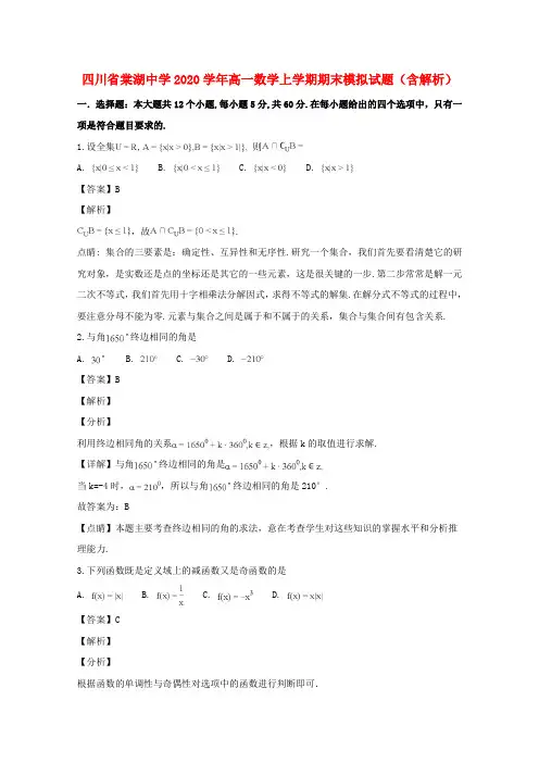 四川省棠湖中学2020学年高一数学上学期期末模拟试题(含解析)