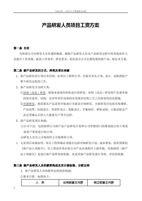 产品研发人员项目奖励工资方案