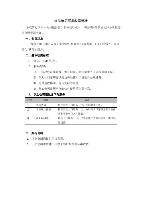 软件售后服务收费标准协议