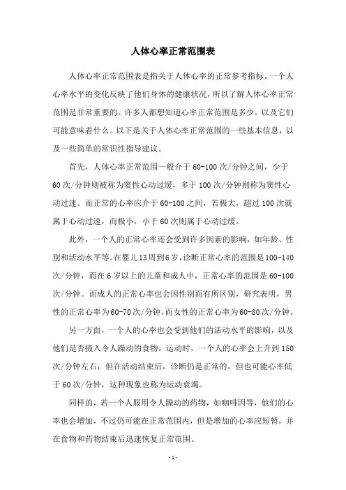 人体心率正常范围表