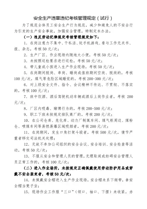 安全生产违章违纪行为考核规定(试行)