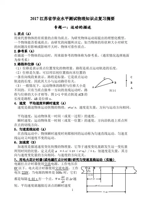 (精品)017江苏省学业水平测试物理知识点复习摘要汇总98