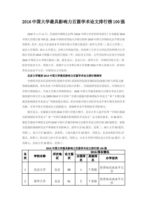 2016中国大学最具影响力百篇学术论文排行榜100强