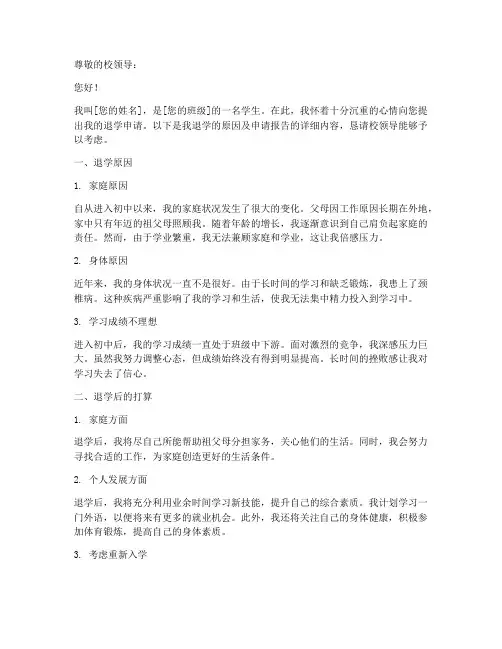 中学退学申请报告