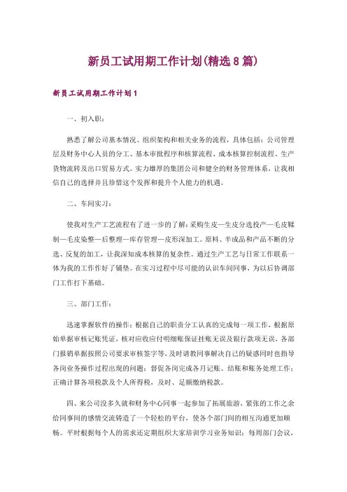 新员工试用期工作计划(精选8篇)