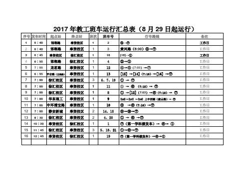 2017年教工班车运行汇总表8月29日起运行
