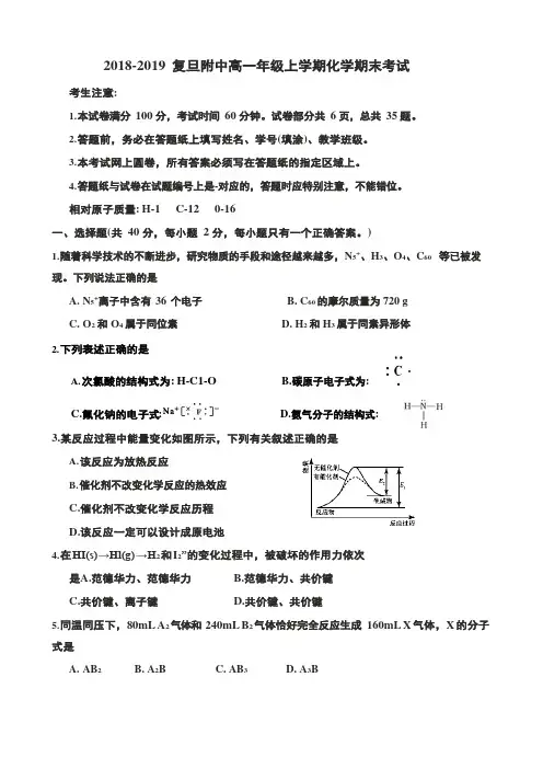2018-2019复旦附中化学高一上期末试卷.(附解析)