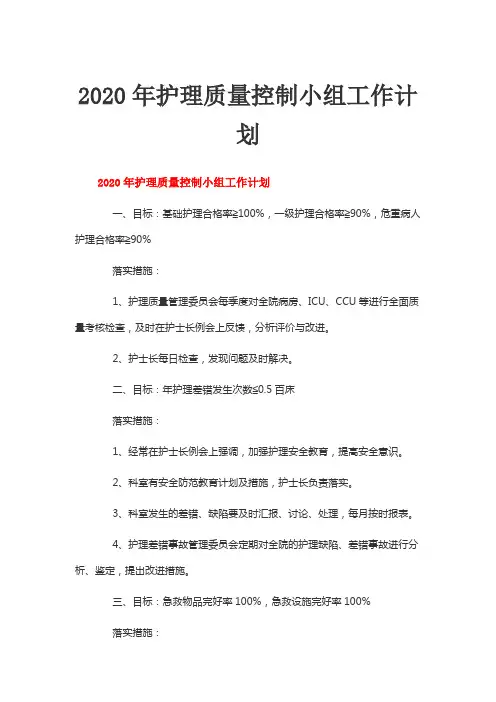 2020年护理质量控制小组工作计划