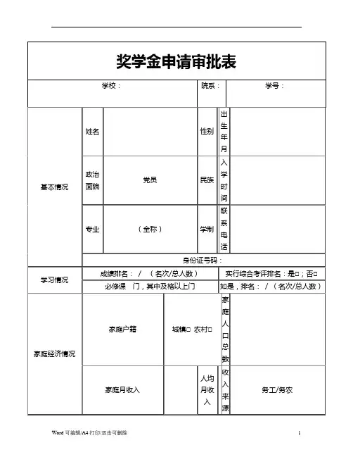 奖学金申请审批表Word(标准正式版)