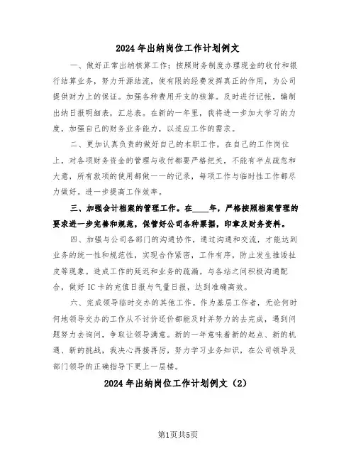 2024年出纳岗位工作计划例文(3篇)
