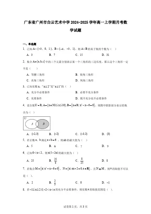广东省广州市白云艺术中学2024-2025学年高一上学期月考数学试题