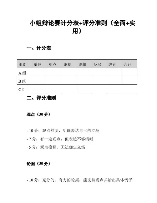 小组辩论赛计分表+评分准则(全面+实用)