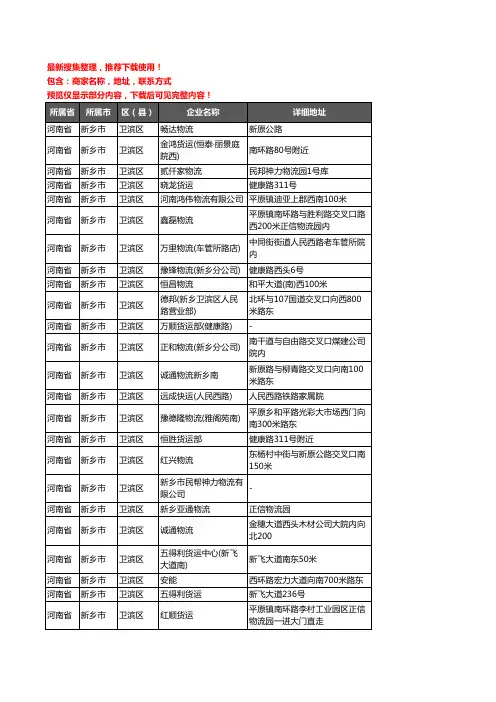 新版河南省新乡市卫滨区托运企业公司商家户名录单联系方式地址大全153家