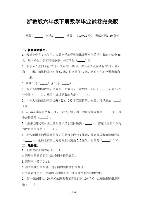 浙教版六年级下册数学毕业试卷完美版