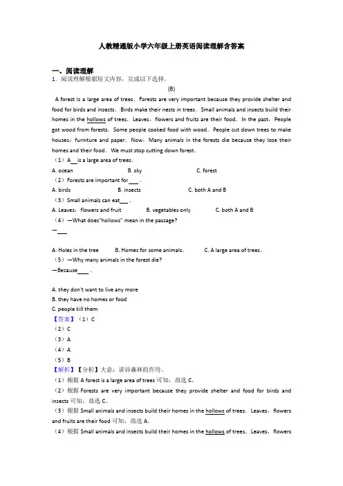 人教精通版小学六年级上册英语阅读理解含答案