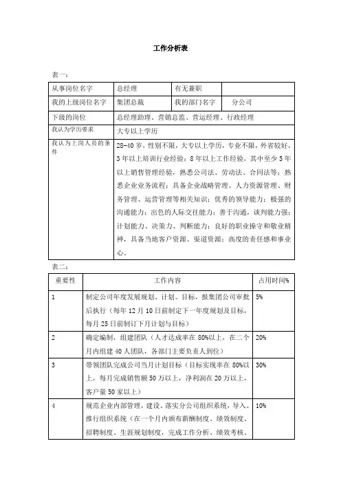 工作分析表(总经理)