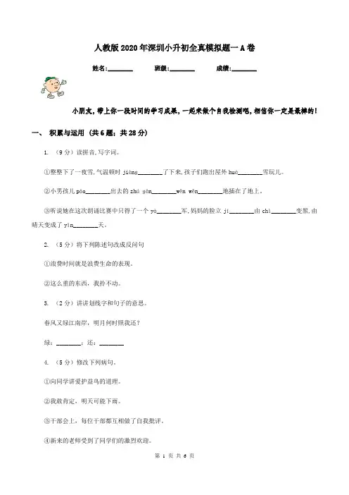 人教版2020年深圳小升初全真模拟题一A卷