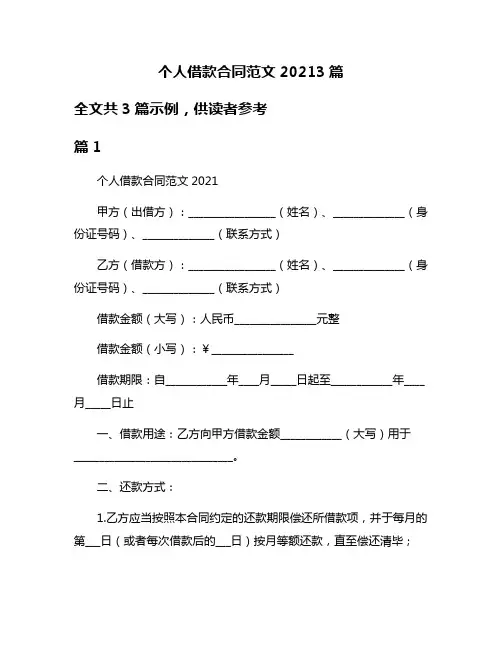 个人借款合同范文20213篇