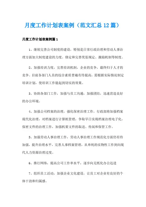 月度工作计划表案例(范文汇总12篇)