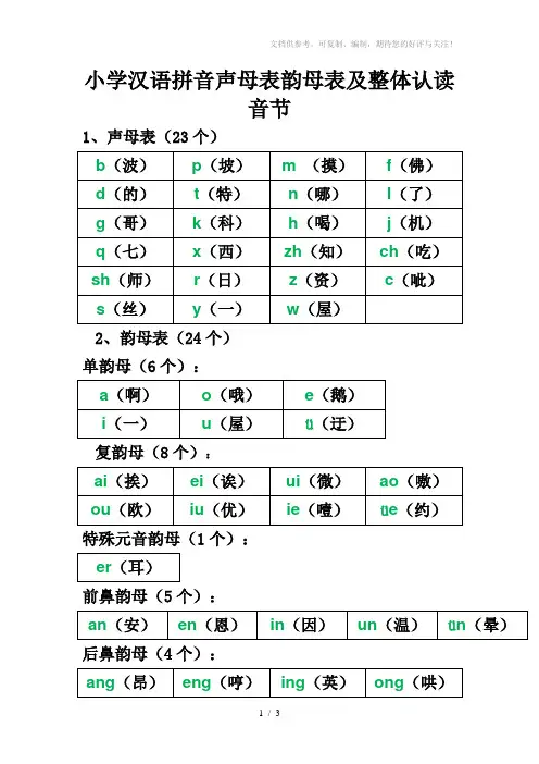 小学汉语拼音声母表韵母表及整体认读音节