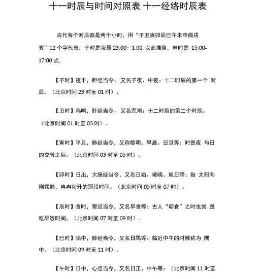 十二时辰与时间对照表