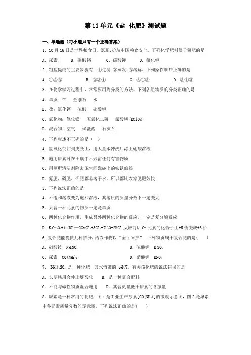 人教版化学九年级下册第11单元《盐 化肥》测试试题(含答案)