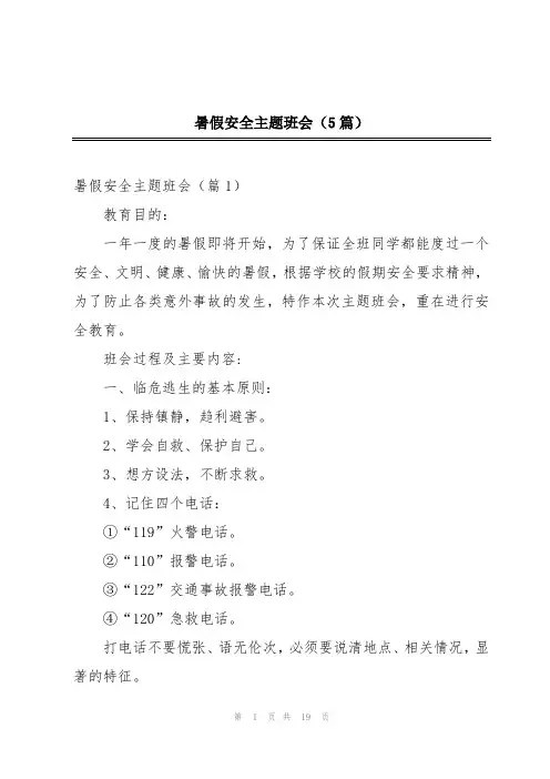 暑假安全主题班会(5篇)
