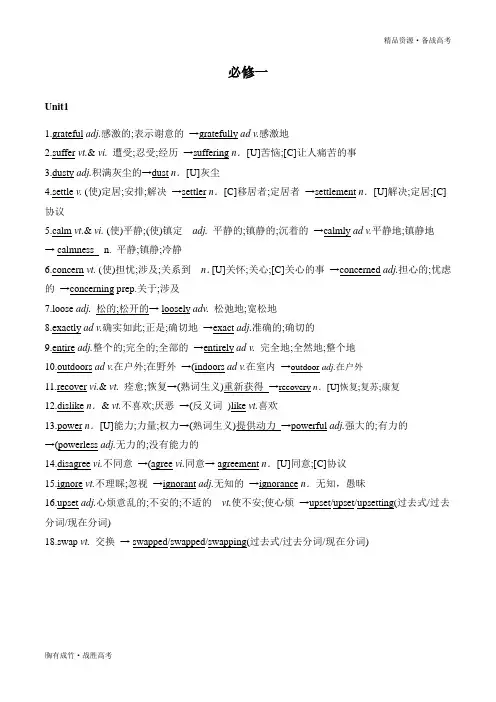 高中英语必修1重点词词性转换词汇梳理[人教版]