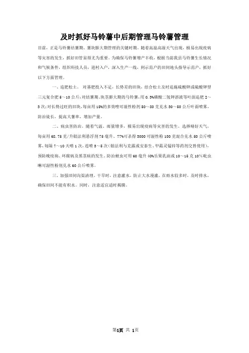 及时抓好马铃薯中后期管理马铃薯管理