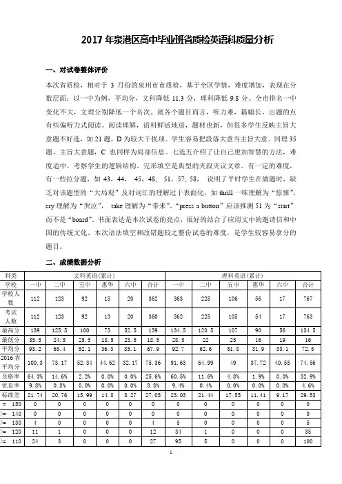 2017年泉港区高中毕业班省质检英语科质量分析