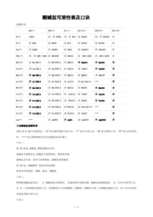 酸碱盐可溶性表及口诀