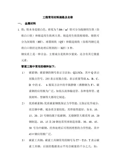 工程常用材料规格及名称