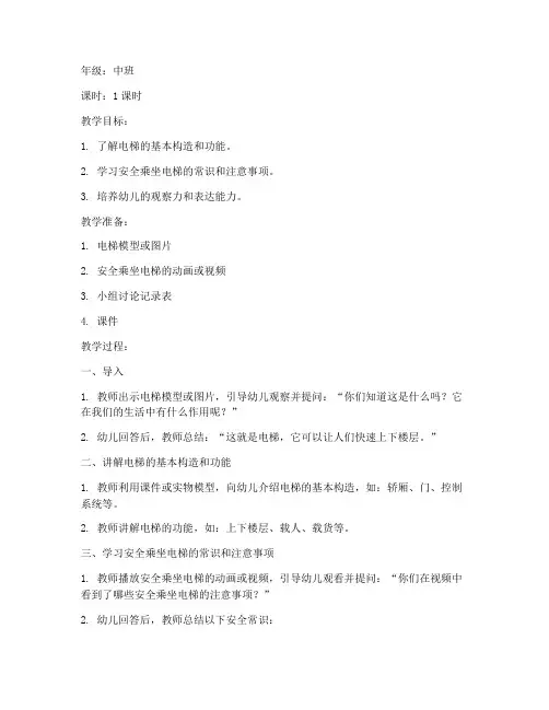 电梯讲解课程教案模板范文