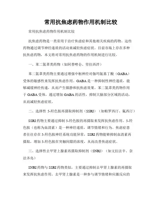    常用抗焦虑药物作用机制比较