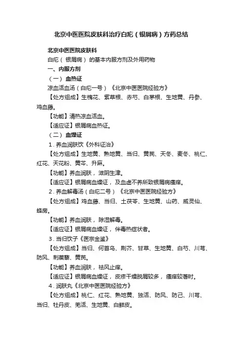 北京中医医院皮肤科治疗白疕（银屑病）方药总结