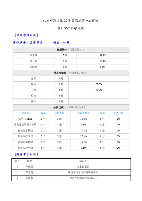 【全国大联考】【北京】北京市海淀区2018届高三第一次模拟理科综合化学试题(解析版)
