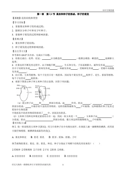 1.3  1.4 果实和种子的形成,种子的萌发 学案 -济南版八年级上册生物