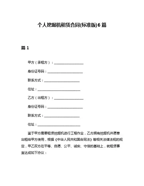 个人挖掘机租赁合同(标准版)6篇