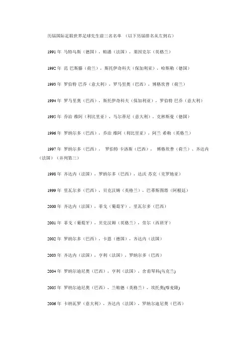 历届国际足联世界足球先生前三名名单