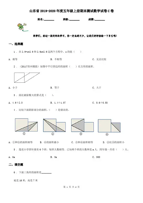 山东省2019-2020年度五年级上册期末测试数学试卷C卷